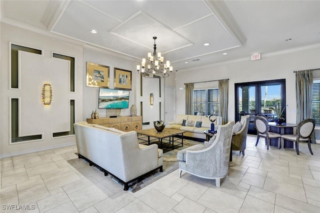 26304 Prince Pierre Way, Bonita Springs, FL 34135 - living area featuring a chandelier, ornamental molding, and recessed lighting