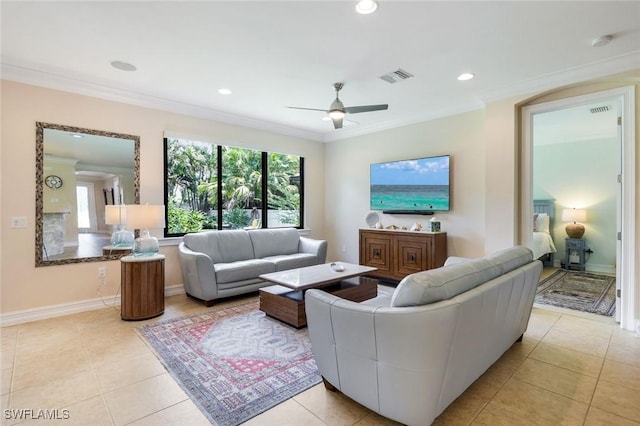 26304 Prince Pierre Way, Bonita Springs, FL 34135 - tiled living area with ornamental molding, a ceiling fan, and recessed lighting