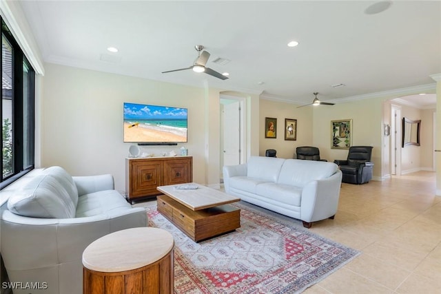 26304 Prince Pierre Way, Bonita Springs, FL 34135 - living area featuring ceiling fan, light tile patterned floors, crown molding, and recessed lighting