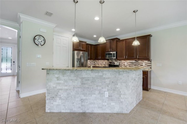 26304 Prince Pierre Way, Bonita Springs, FL 34135 - kitchen featuring appliances with stainless steel finishes, ornamental molding, tasteful backsplash, light stone countertops, and light tile patterned flooring