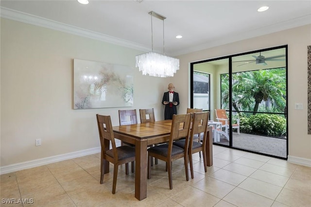 26304 Prince Pierre Way, Bonita Springs, FL 34135 - dining space featuring ornamental molding, a chandelier, light tile patterned floors, and recessed lighting