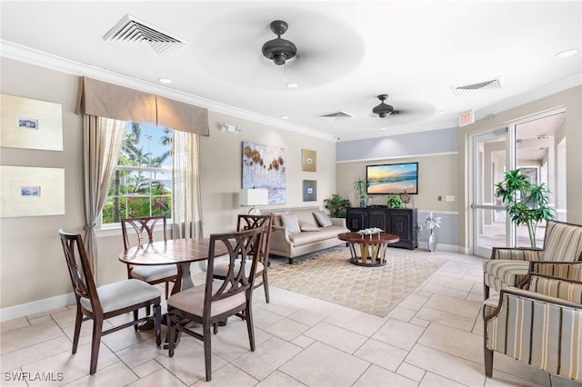 10844 Alvara Point Dr, Bonita Springs, FL 34135 - dining area featuring ceiling fan, crown molding, baseboards, and recessed lighting