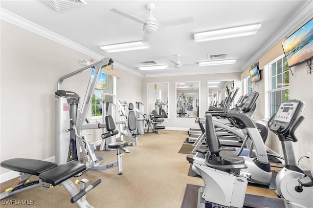 10844 Alvara Point Dr, Bonita Springs, FL 34135 - gym with ceiling fan, crown molding, and baseboards