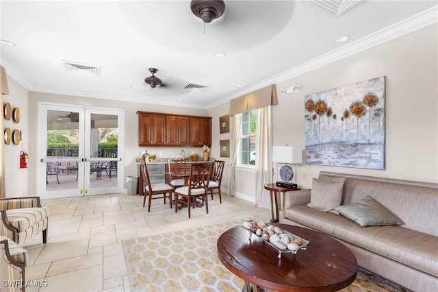 10844 Alvara Point Dr, Bonita Springs, FL 34135 - living room featuring a ceiling fan, healthy amount of natural light, ornamental molding, french doors, and recessed lighting