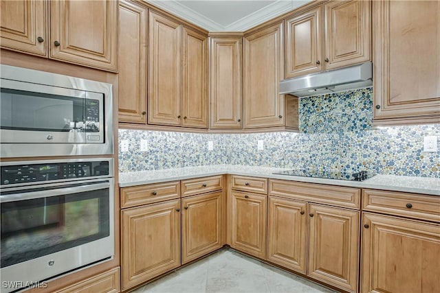 12732 Kinross Ln, Naples, FL 34120 - kitchen featuring stainless steel appliances, under cabinet range hood, light countertops, tasteful backsplash, and crown molding