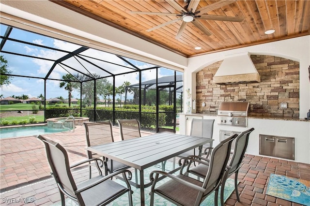 12732 Kinross Ln, Naples, FL 34120 - view of patio with a pool with connected hot tub, a ceiling fan, outdoor dining area, and glass enclosure
