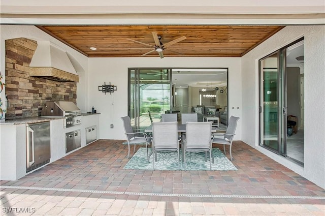 12732 Kinross Ln, Naples, FL 34120 - dining area with wooden ceiling, brick flooring, ceiling fan, and ornamental molding