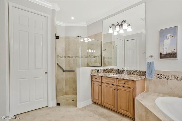 12732 Kinross Ln, Naples, FL 34120 - full bathroom with a tile shower, vanity, a bath, and crown molding