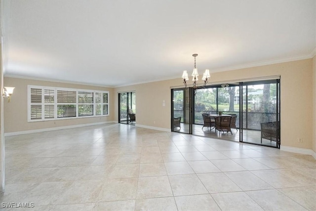 5964 Pelican Bay Blvd Unit 415, Naples, FL 34108 - spare room featuring a chandelier, baseboards, plenty of natural light, ornamental molding, and light tile patterned flooring