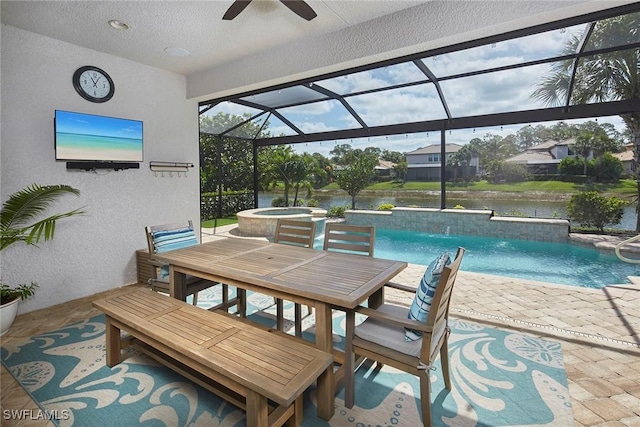 4551 Tamarind Way, Naples, FL 34119 - view of pool featuring a ceiling fan, a patio, a pool with connected hot tub, and glass enclosure