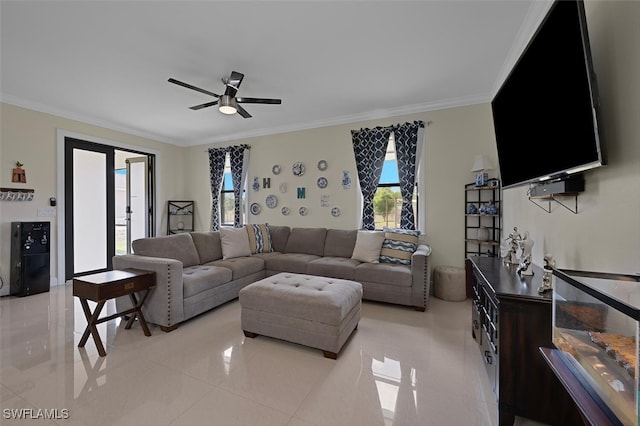 3460 4th Ave NE, Naples, FL 34120 - living room with crown molding, a ceiling fan, and light tile patterned floors