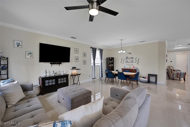 3460 4th Ave NE, Naples, FL 34120 - living room featuring ornamental molding, light tile patterned floors, baseboards, and ceiling fan
