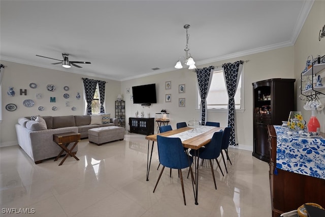 3460 4th Ave NE, Naples, FL 34120 - dining room featuring ornamental molding, ceiling fan, baseboards, and light tile patterned floors