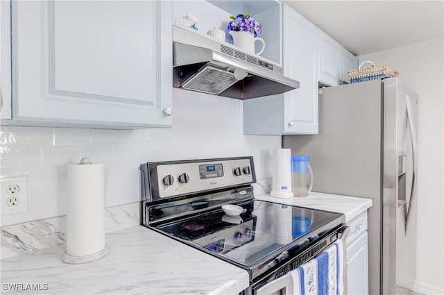 1769 Four Mile Cove Pkwy Unit 915, Cape Coral, FL 33990 - kitchen featuring stainless steel electric stove, white cabinetry, under cabinet range hood, backsplash, and light stone counters