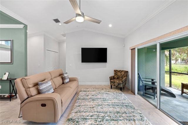 1187 16th Ave NE, Naples, FL 34120 - living area featuring ceiling fan, ornamental molding, vaulted ceiling, and baseboards