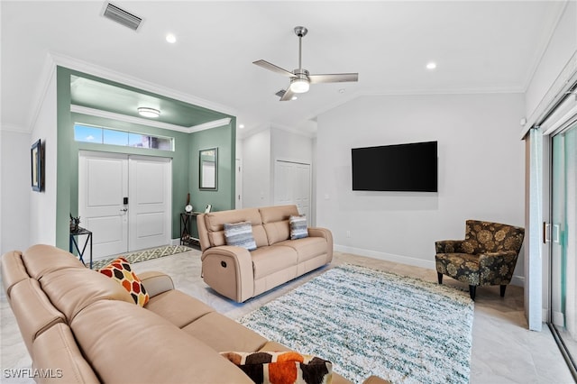 1187 16th Ave NE, Naples, FL 34120 - living area featuring ceiling fan, crown molding, vaulted ceiling, baseboards, and recessed lighting