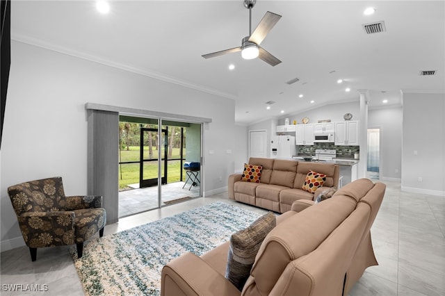 1187 16th Ave NE, Naples, FL 34120 - living room featuring lofted ceiling, baseboards, recessed lighting, crown molding, and a ceiling fan