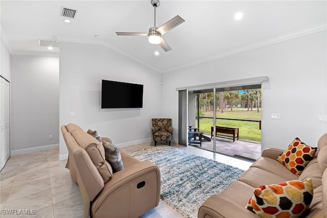 1187 16th Ave NE, Naples, FL 34120 - living area with ceiling fan, crown molding, lofted ceiling, recessed lighting, and baseboards