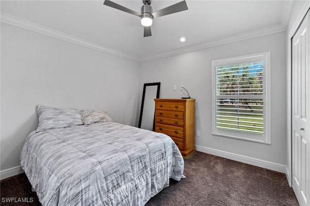 1187 16th Ave NE, Naples, FL 34120 - bedroom with carpet flooring, baseboards, crown molding, a closet, and ceiling fan