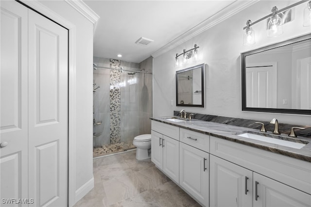 1187 16th Ave NE, Naples, FL 34120 - bathroom featuring double vanity, a shower stall, toilet, crown molding, and marble finish flooring