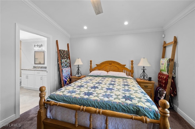 1187 16th Ave NE, Naples, FL 34120 - bedroom featuring carpet flooring, crown molding, baseboards, ensuite bath, and recessed lighting