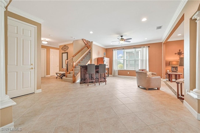 10212 Mimosa Silk Dr, Fort Myers, FL 33913 - kitchen with decorative columns, ceiling fan, baseboards, recessed lighting, and ornamental molding