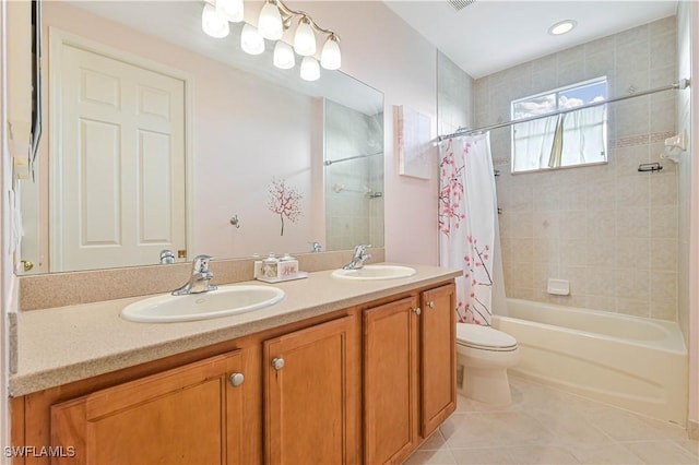 10212 Mimosa Silk Dr, Fort Myers, FL 33913 - full bathroom with shower / bath combo with shower curtain, tile patterned floors, double vanity, and toilet