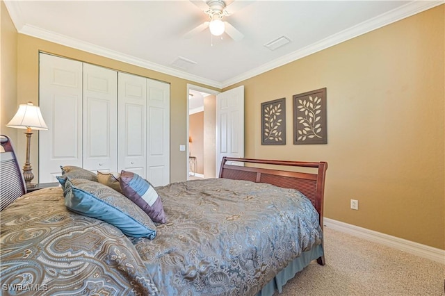10212 Mimosa Silk Dr, Fort Myers, FL 33913 - carpeted bedroom with a closet, crown molding, baseboards, and a ceiling fan