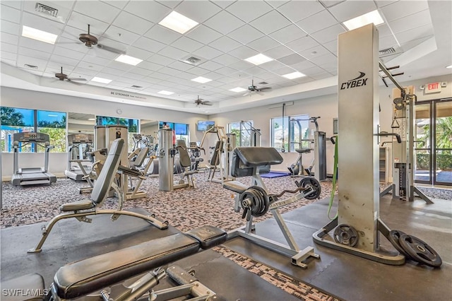 10212 Mimosa Silk Dr, Fort Myers, FL 33913 - exercise room with a ceiling fan and a paneled ceiling