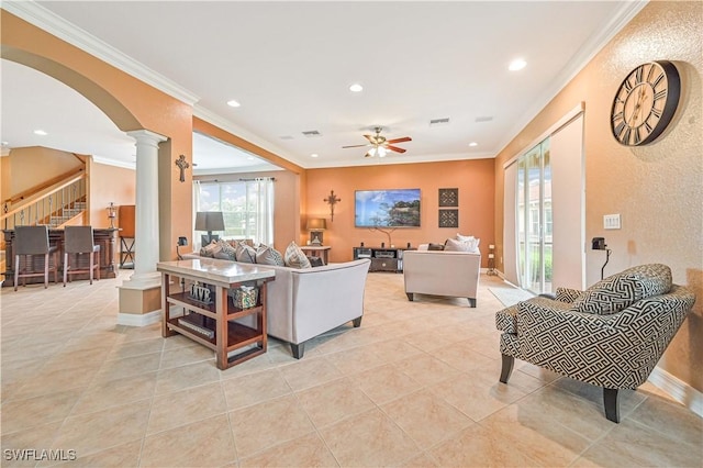 10212 Mimosa Silk Dr, Fort Myers, FL 33913 - living area featuring ornate columns, crown molding, a ceiling fan, recessed lighting, and stairs