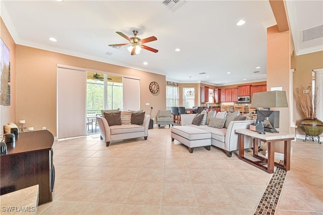 10212 Mimosa Silk Dr, Fort Myers, FL 33913 - living area with a ceiling fan, light tile patterned floors, healthy amount of natural light, crown molding, and recessed lighting