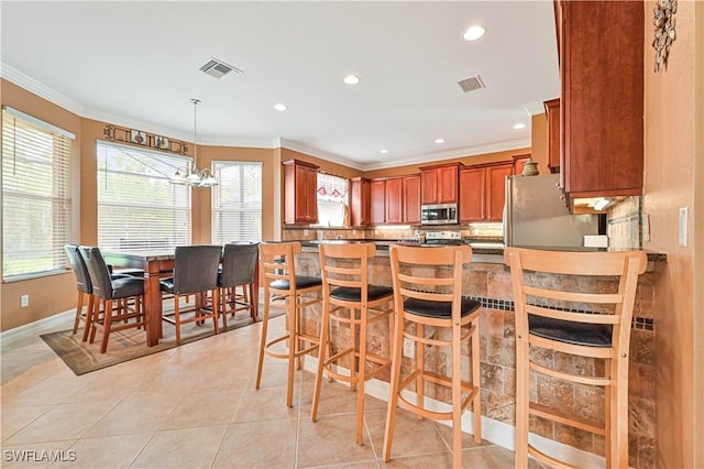 10212 Mimosa Silk Dr, Fort Myers, FL 33913 - dining area featuring ornamental molding, a chandelier, recessed lighting, baseboards, and light tile patterned flooring