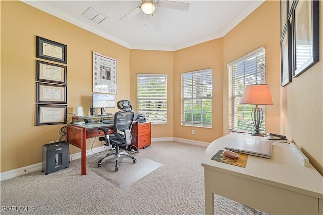 10212 Mimosa Silk Dr, Fort Myers, FL 33913 - office space featuring a ceiling fan, plenty of natural light, ornamental molding, carpet flooring, and baseboards