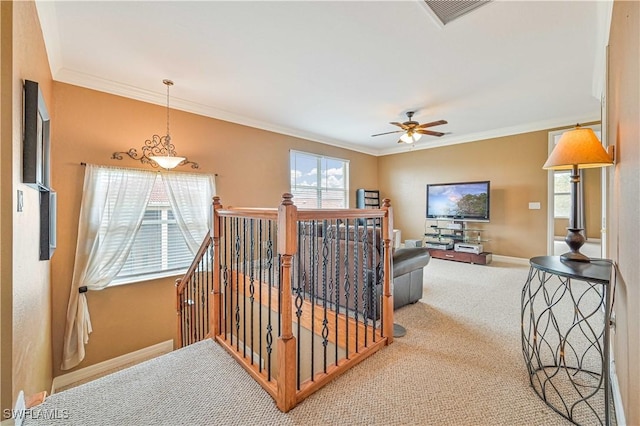 10212 Mimosa Silk Dr, Fort Myers, FL 33913 - living room with ornamental molding, baseboards, a ceiling fan, and carpet flooring