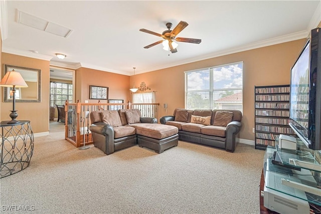 10212 Mimosa Silk Dr, Fort Myers, FL 33913 - carpeted living area with a ceiling fan, ornamental molding, and baseboards