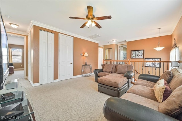 10212 Mimosa Silk Dr, Fort Myers, FL 33913 - living area featuring a ceiling fan, carpet floors, baseboards, and crown molding