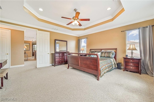 10212 Mimosa Silk Dr, Fort Myers, FL 33913 - bedroom featuring a raised ceiling, multiple windows, carpet, ornamental molding, and recessed lighting
