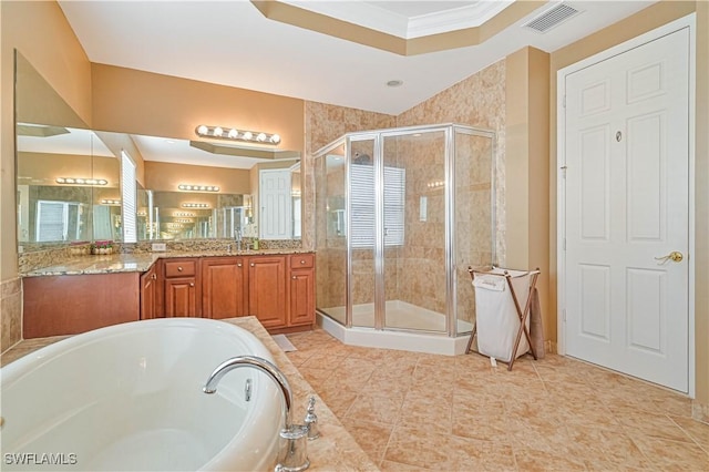 10212 Mimosa Silk Dr, Fort Myers, FL 33913 - bathroom featuring a shower stall, vanity, a garden tub, crown molding, and tile patterned flooring