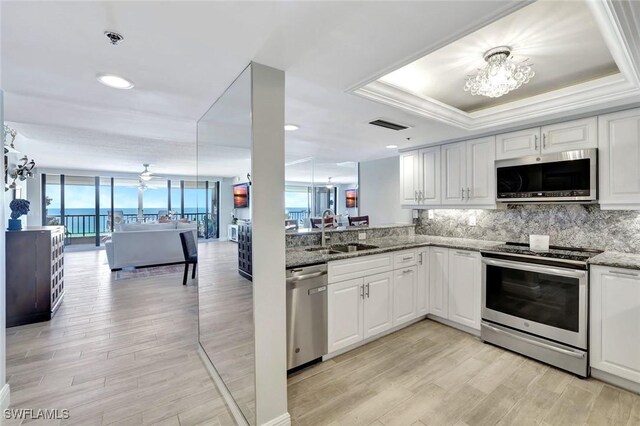 100 N Collier Blvd Unit 1002, Marco Island, FL 34145 - kitchen with appliances with stainless steel finishes, a sink, a tray ceiling, tasteful backsplash, and white cabinets