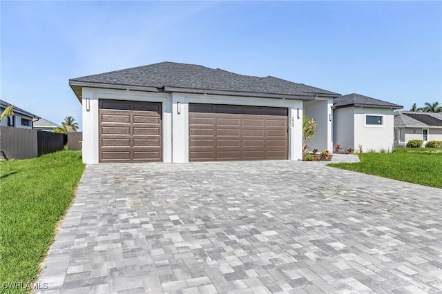 224 NW 14th Pl, Cape Coral, FL 33993 - prairie-style house featuring decorative driveway, an attached garage, and a shingled roof
