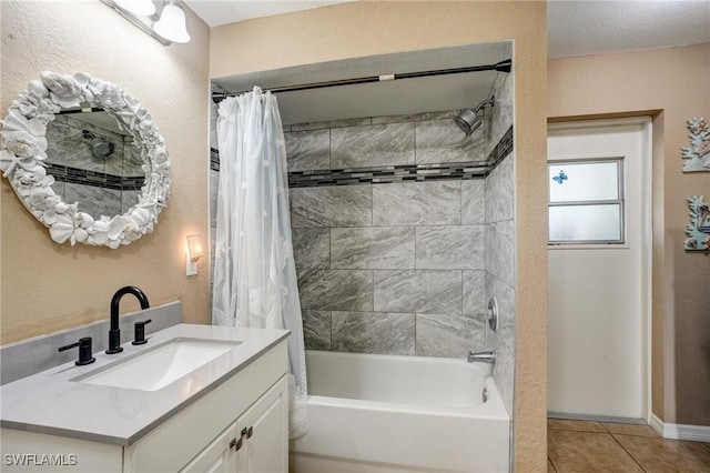 2142 NE 27th Ter, Cape Coral, FL 33909 - bathroom with shower / bath combination with curtain, vanity, and tile patterned flooring