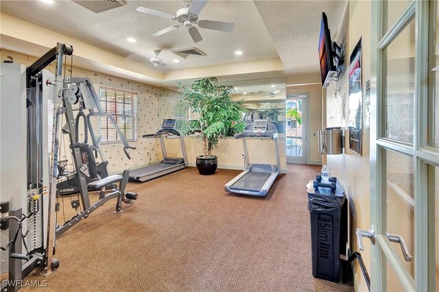 4135 Residence Dr Unit 618, Fort Myers, FL 33901 - workout area with carpet flooring, ceiling fan, recessed lighting, wallpapered walls, and baseboards