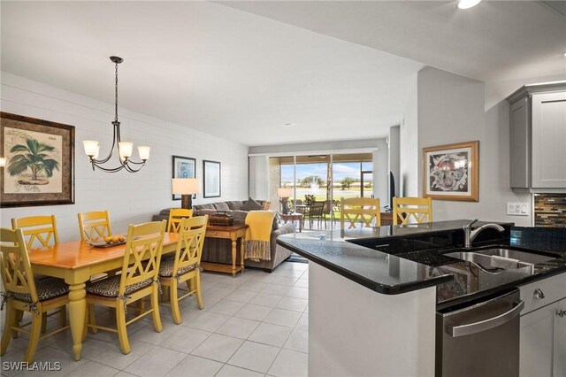 23581 Sandycreek Ter Unit 1107, Estero, FL 34135 - kitchen with a sink, dishwasher, light tile patterned flooring, gray cabinets, and decorative light fixtures