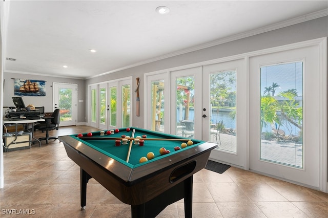 155 Donna Ct, Punta Gorda, FL 33950 - playroom with french doors, ornamental molding, billiards, a water view, and recessed lighting