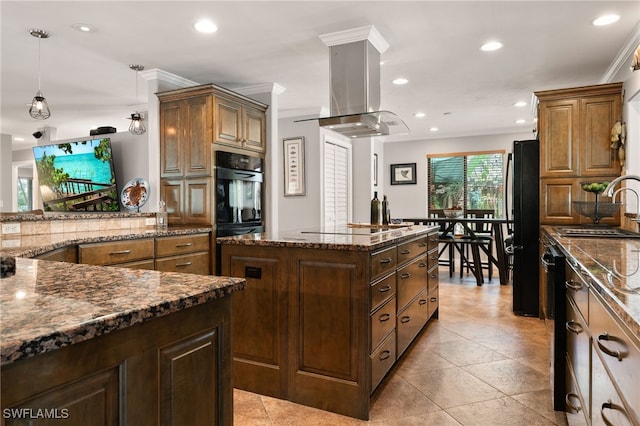 155 Donna Ct, Punta Gorda, FL 33950 - kitchen featuring island exhaust hood, a sink, ornamental molding, black appliances, and a kitchen island