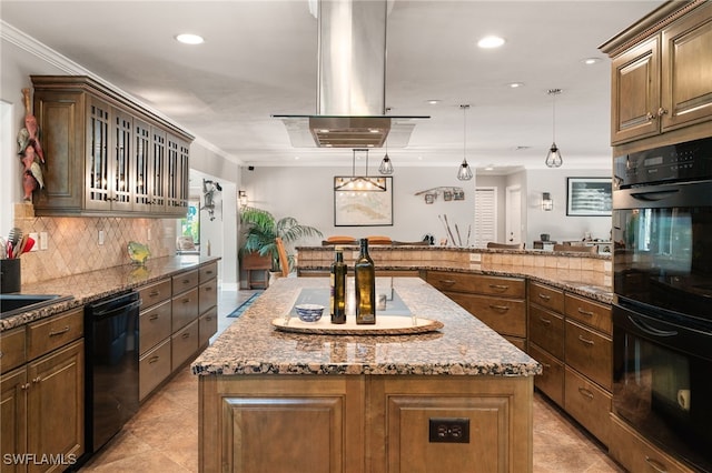 155 Donna Ct, Punta Gorda, FL 33950 - kitchen featuring black appliances, crown molding, light stone counters, a center island, and tasteful backsplash