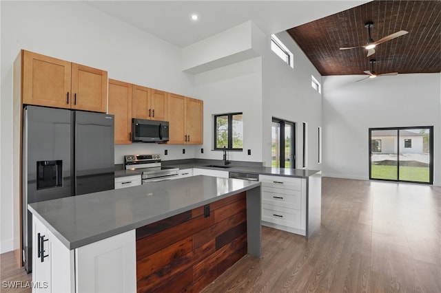 2815 45th St W, Lehigh Acres, FL 33971 - kitchen with stainless steel appliances, high vaulted ceiling, a ceiling fan, dark countertops, and a sink