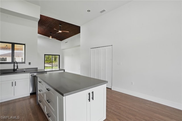 2815 45th St W, Lehigh Acres, FL 33971 - kitchen with a sink, dark countertops, wood ceiling, white cabinetry, and a center island