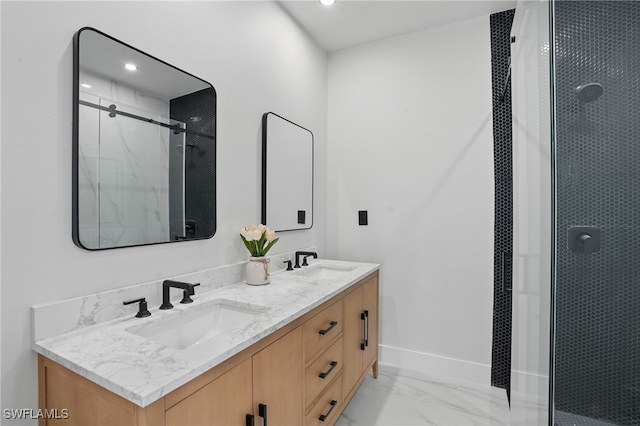 2815 45th St W, Lehigh Acres, FL 33971 - full bath featuring marble look tiles, double vanity, a stall shower, recessed lighting, and baseboards