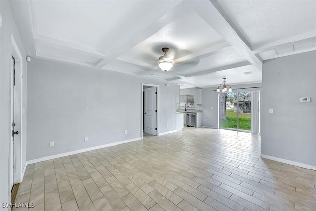 13820 2nd St, Fort Myers, FL 33905 - unfurnished living room featuring coffered ceiling, ceiling fan, beamed ceiling, a chandelier, and baseboards